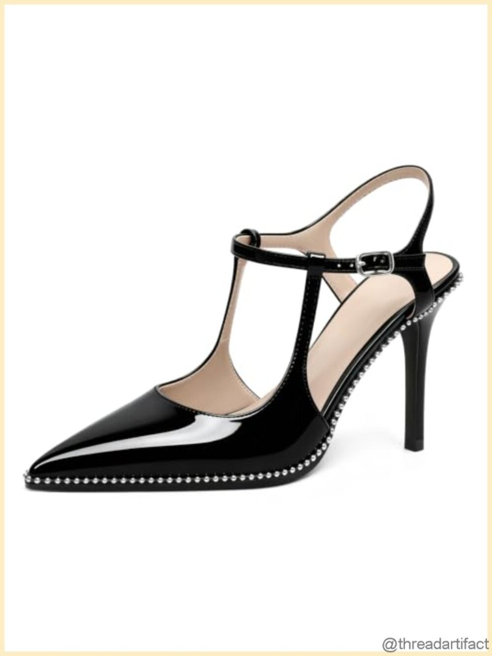 SAMMITOP Patent Leather Beaded Ankle Strap Stiletto Pumps Dress Heels